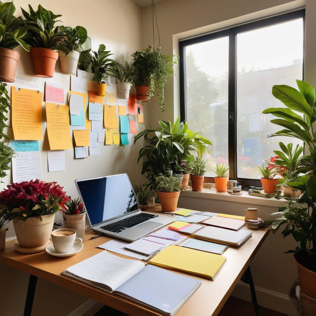 A bright, inspiring workspace with a student sitting at a desk covered in notebooks, a laptop, and vibrant plants. The room is filled with motivational quotes on the walls and has sunlight streaming through a window, creating a warm atmosphere. Side elements include a cup of coffee and colorful sticky notes scattered around, symbolizing creativity and productivity. super-realistic. vibrant colors. warm lighting.