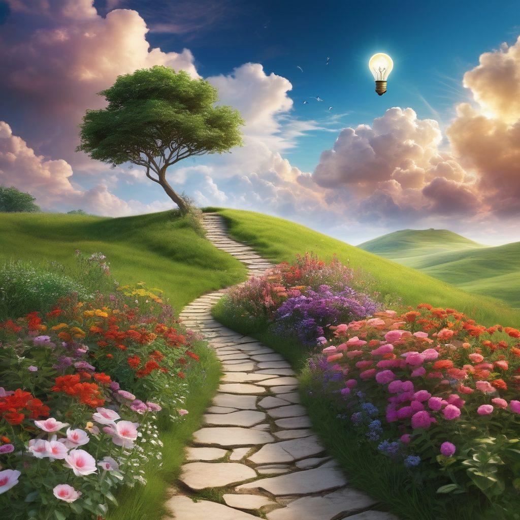 An imaginative landscape with a winding path that starts as a lightbulb (representing ideas) and transitions into a quill and parchment (representing articles). Lush greenery and colorful flowers adorn the path, symbolizing growth in content creation. In the sky, wispy clouds form words like 'creativity' and 'insight'. The entire scene is bathed in warm, inviting light to evoke inspiration. vibrant colors. 3D.