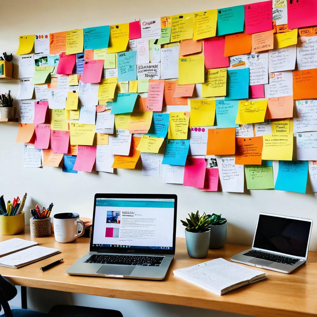 A creative workspace featuring a laptop opened to a vibrant personal blog page, surrounded by notebooks, coffee cups, and student paraphernalia. In the background, colorful sticky notes on a wall emphasize collaboration and brainstorming. A diverse group of students is engaged in discussion, showcasing community and connection. Bright, inviting colors bring energy and optimism to the scene. super-realistic. vibrant colors. cozy atmosphere.